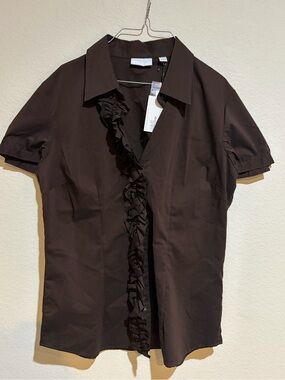 New York & Company Women’s Brown Ruffle Button Front Blouse Size M NWT